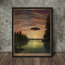 Listing image for Vintage UFO SUNSET LAKE Wall Art, Alien UAP Sci-Fi Sunrise Nature Nautical Decor