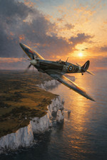 Listing image for WW2 Spitfire Over White Cliffs RAF Aviation Poster Print Framed Canvas Wall Art