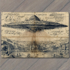 Listing image for Art Print UFO Flying Saucer Hovering Over Old City Vintage Manuscript Style Draw