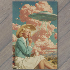 Listing image for Art Print Retro UFO Encounter Blonde Woman Smoking Coffee Pastel Clouds Sci Fi P