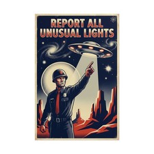 Listing image for Report All Unusual Lights Poster – Vintage Atomic UFO Propaganda Print