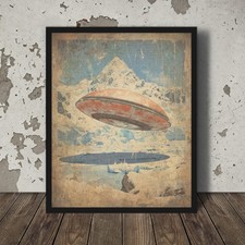 Listing image for Vintage UFO Snow Mountain Wall Art, UAP Antarctica Decor, Sci-fi Alien Poster