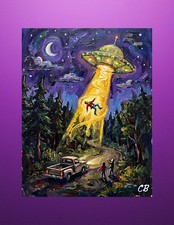 Listing image for Alien Abduction Beam ACEO Print | UFO Folk Art | Forest Road Sci-Fi Card