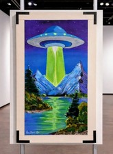 Listing image for Original SciFi UFO Painting Acrylic Canvas Alien Wall Art 12x24