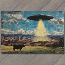 Listing image for ART PRINT UFO Alien Spaceship Beam Abduction Cow Pasture Mountains Sky Clouds