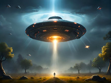 Listing image for UFO UAP Aliens Alien Abduction Attack Lonely Road Trees Dark Clouds Art Print