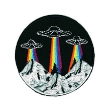 Listing image for UFO Rainbow Beam Embroidered Iron On Patch – Alien Spaceships Trippy Cosmic