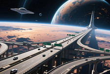 Listing image for Surreal Dreamlike Futuristic Space Highway UFO Moons Poster Art Print 24 x 16 in