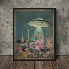 Listing image for Vintage UFO COWBOY Wall Art, Alien Sci-fi Western Decor, UAP Cactus Flower Print