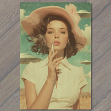 Listing image for Art Print Retro Cowgirl UFO Alien Encounter Pink Hat Smoking Vintage Sci Fi West