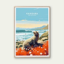 Listing image for Kaikoura New Zealand, Sea Lion in Beach Travel Poster Choose Your Size