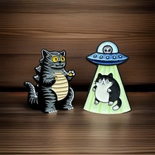 Listing image for Cat UFO Abduction Monster Enamel Pin Set Pinback Collectible Lapel Accessory