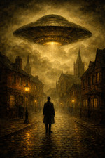 Listing image for Victorian Street UFO Encounter Dark Sc-Fi Poster Print Framed Canvas Wall Art