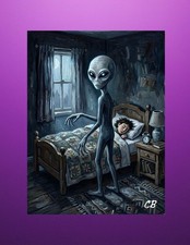 Listing image for Grey Alien Bedroom ACEO Print | UFO Abduction Folk Art | Sleeping Boy