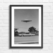 Listing image for Retro Vintage UFO Flying Saucer Car Black & White Framed Wall Art Print Large